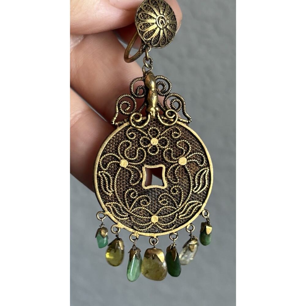 VtG 1930s Chinese Export Coin Filigree Mesh Dangle Green Stone Beads Earrings - Picture 10 of 10